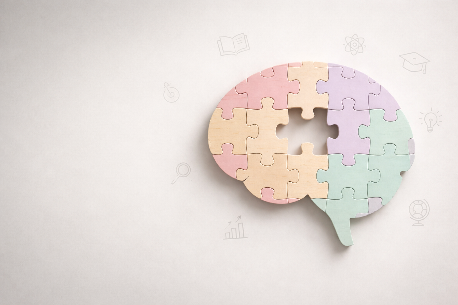 Pastelowa ilustracja mózgu z puzzli